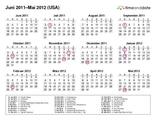 Kalender für 2011 in USA