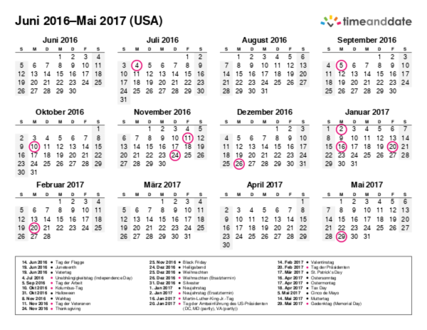 Kalender für 2016 in USA