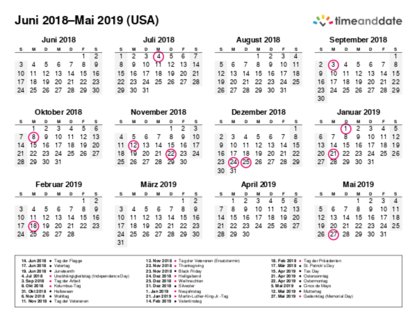 Kalender für 2018 in USA