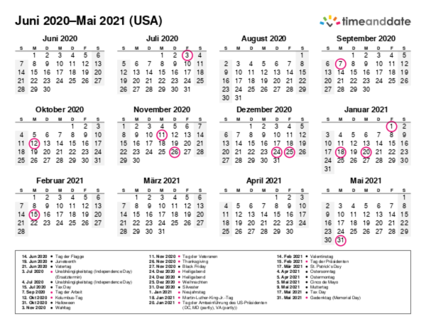 Kalender für 2020 in USA