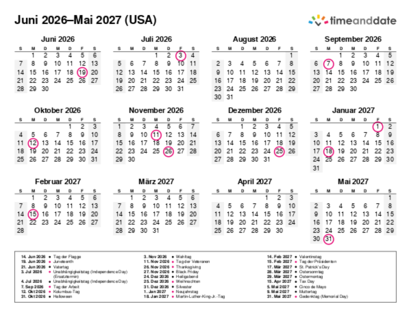 Kalender für 2026 in USA