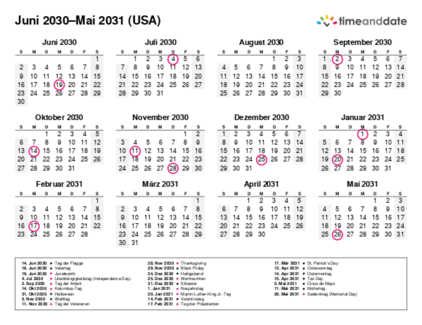 Kalender für 2030 in USA