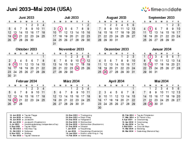 Kalender für 2033 in USA