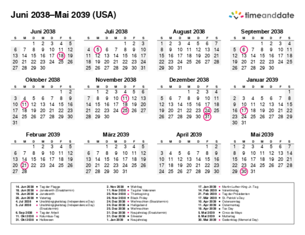 Kalender für 2038 in USA