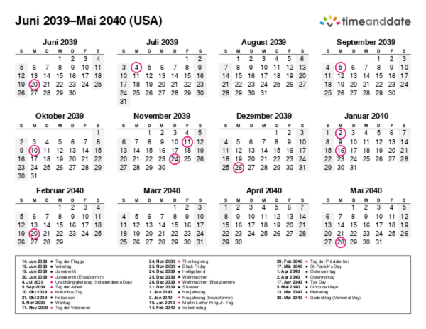 Kalender für 2039 in USA