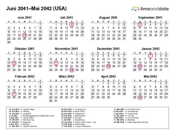 Kalender für 2041 in USA