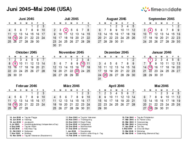 Kalender für 2045 in USA