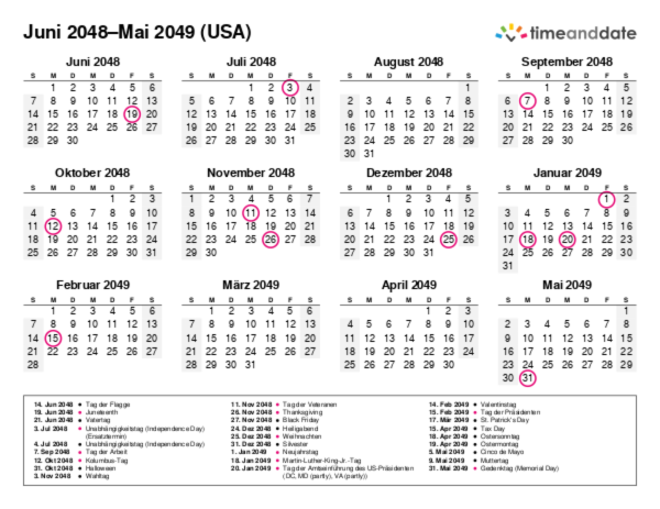 Kalender für 2048 in USA
