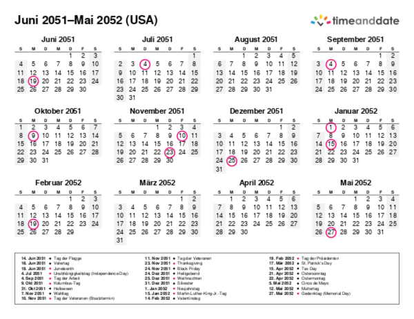 Kalender für 2051 in USA