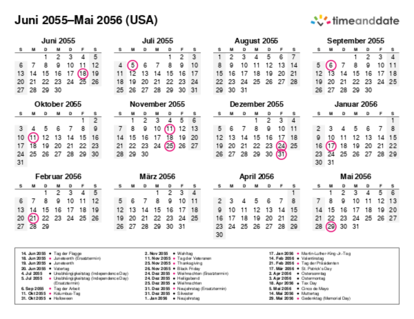 Kalender für 2055 in USA