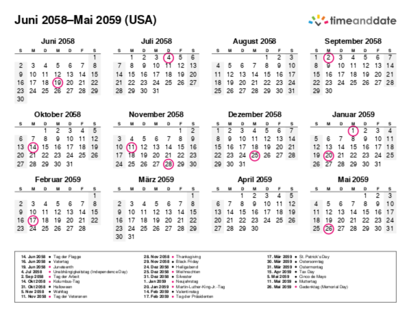 Kalender für 2058 in USA