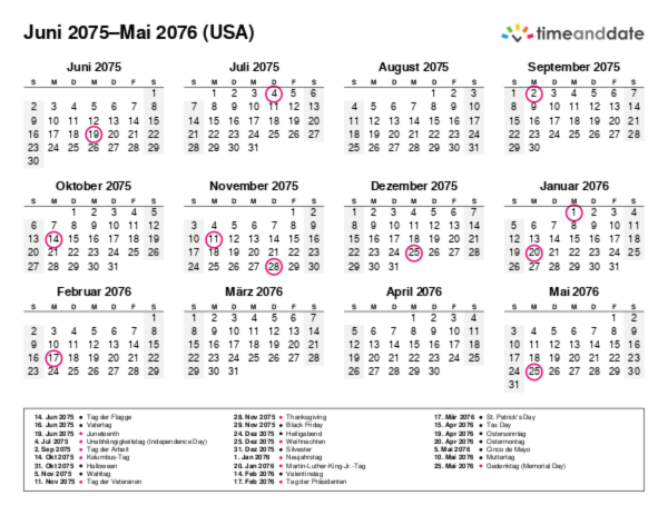 Kalender für 2075 in USA