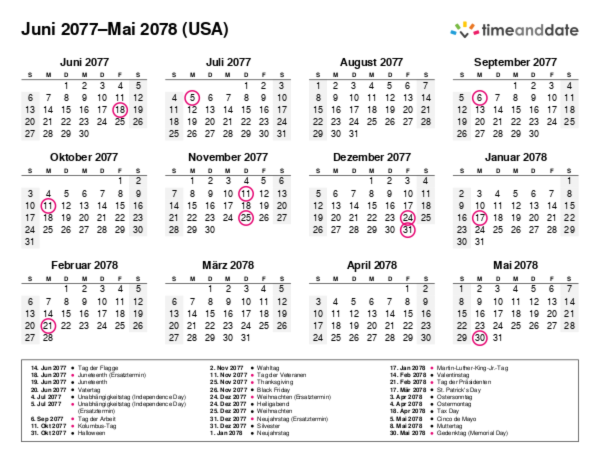 Kalender für 2077 in USA