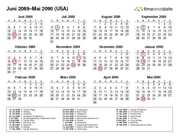 Kalender für 2089 in USA
