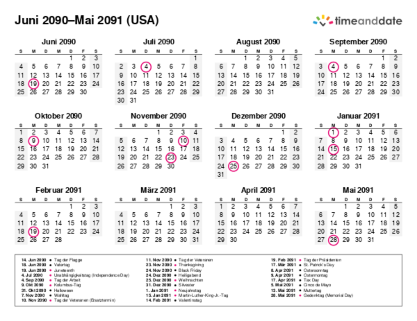 Kalender für 2090 in USA