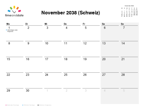 Kalender für 2038 in Schweiz