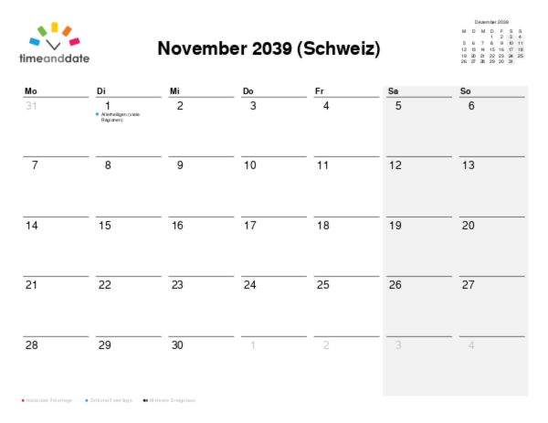 Kalender für 2039 in Schweiz