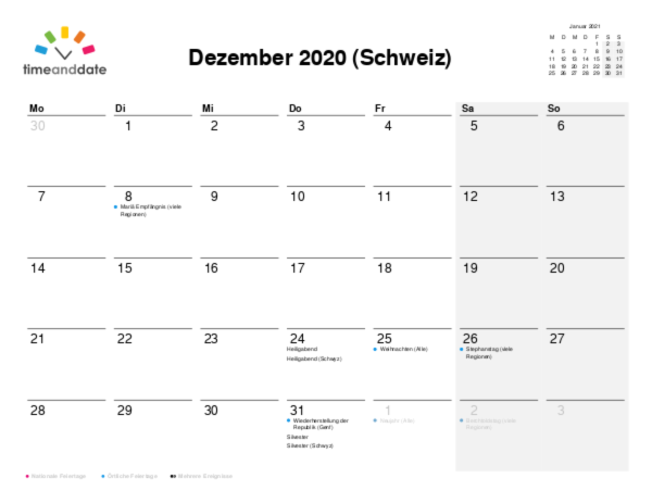 Kalender für 2020 in Schweiz