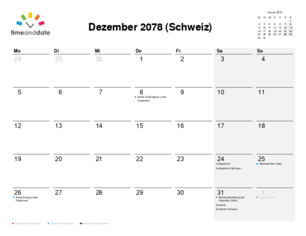 Kalender für 2078 in Schweiz