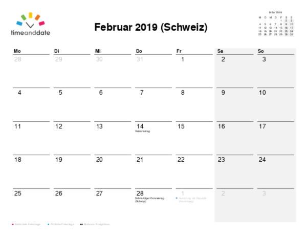 Kalender für 2019 in Schweiz