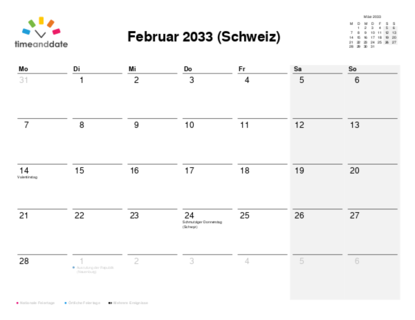 Kalender für 2033 in Schweiz