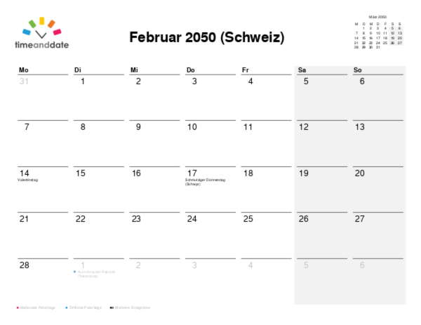 Kalender für 2050 in Schweiz