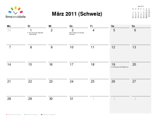 Kalender für 2011 in Schweiz