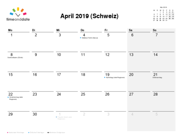 Kalender für 2019 in Schweiz
