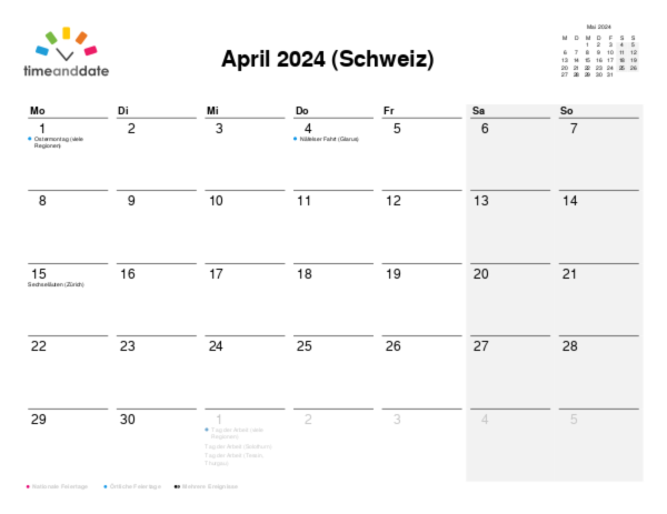 Kalender für 2024 in Schweiz
