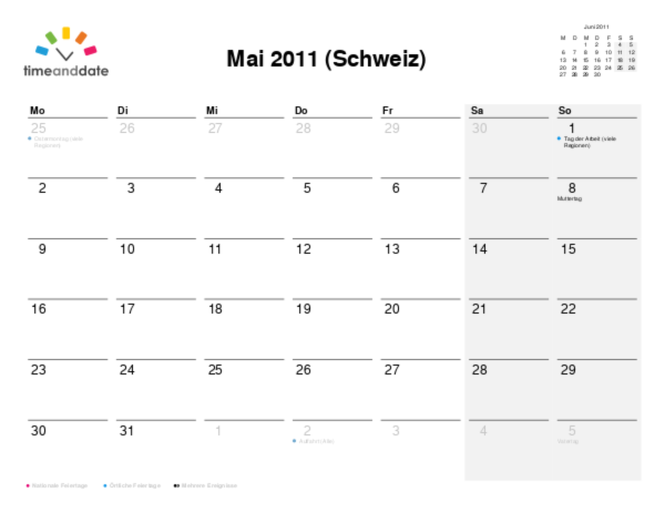 Kalender für 2011 in Schweiz