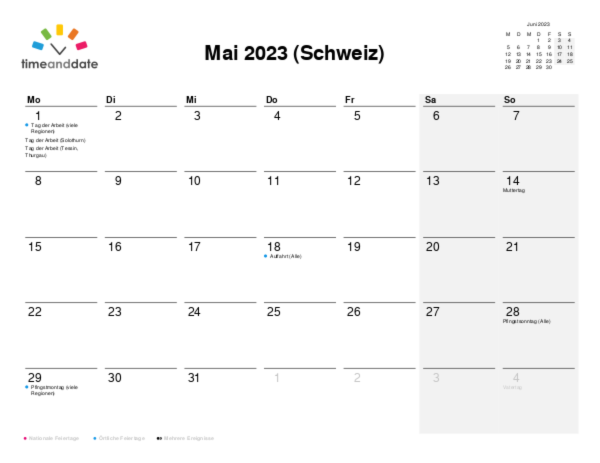 Kalender für 2023 in Schweiz