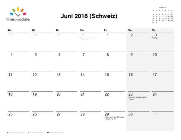 Kalender für 2018 in Schweiz