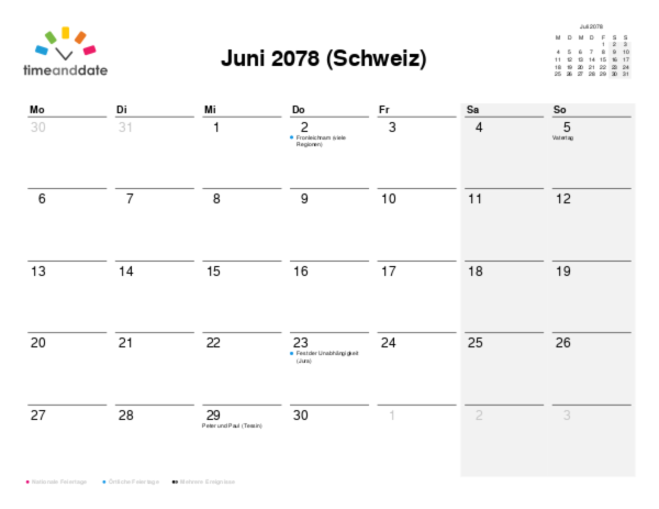 Kalender für 2078 in Schweiz