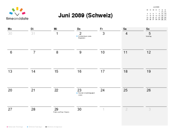 Kalender für 2089 in Schweiz