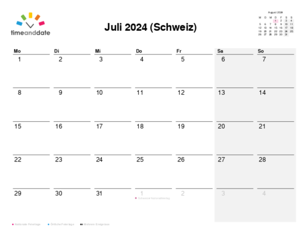 Kalender für 2024 in Schweiz