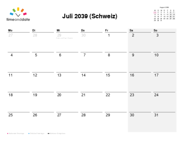 Kalender für 2039 in Schweiz