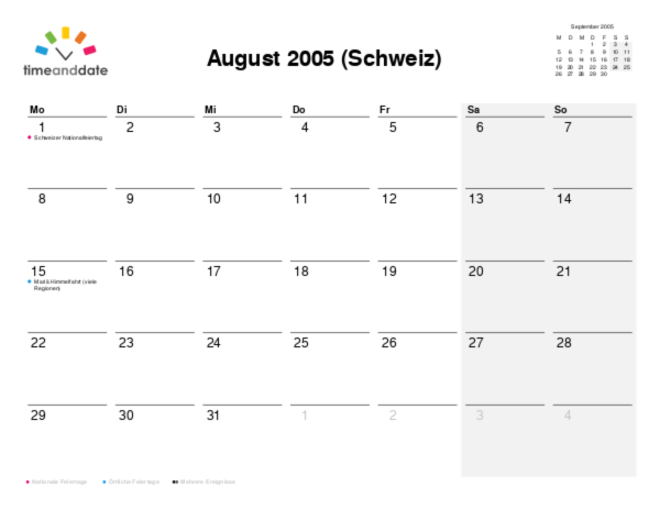 Kalender für 2005 in Schweiz