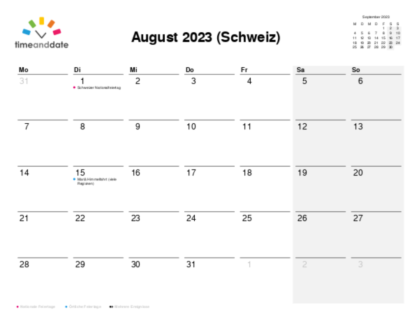Kalender für 2023 in Schweiz
