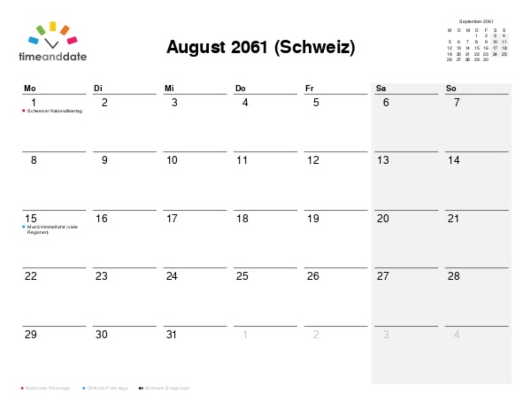 Kalender für 2061 in Schweiz
