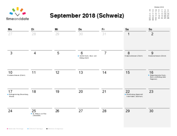 Kalender für 2018 in Schweiz