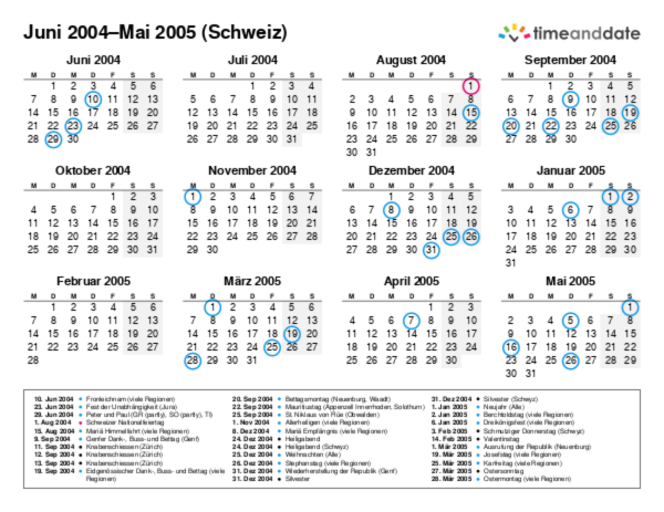 Kalender für 2004 in Schweiz
