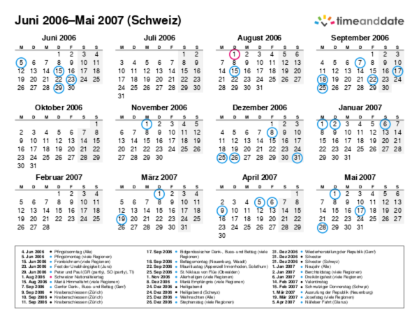 Kalender für 2006 in Schweiz