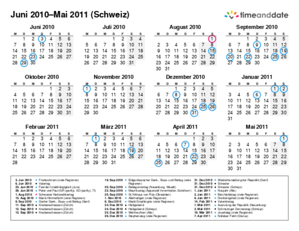 Kalender für 2010 in Schweiz
