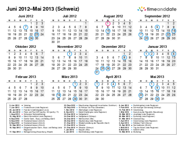 Kalender für 2012 in Schweiz