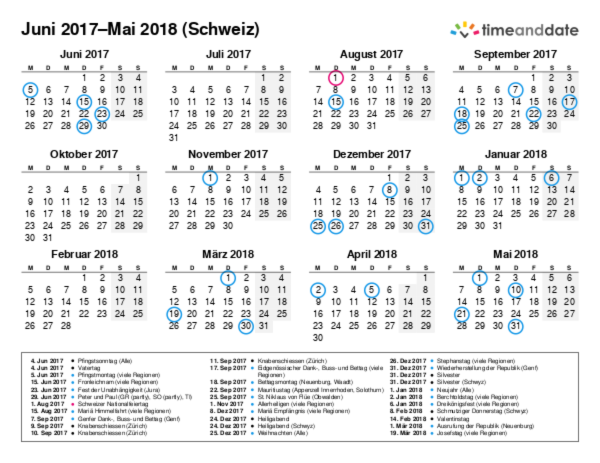 Kalender für 2017 in Schweiz
