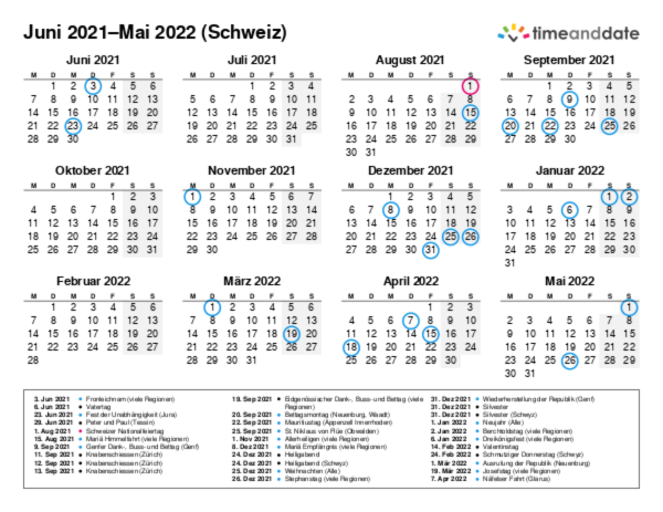 Kalender für 2021 in Schweiz
