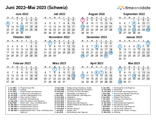Kalender für 2022 in Schweiz
