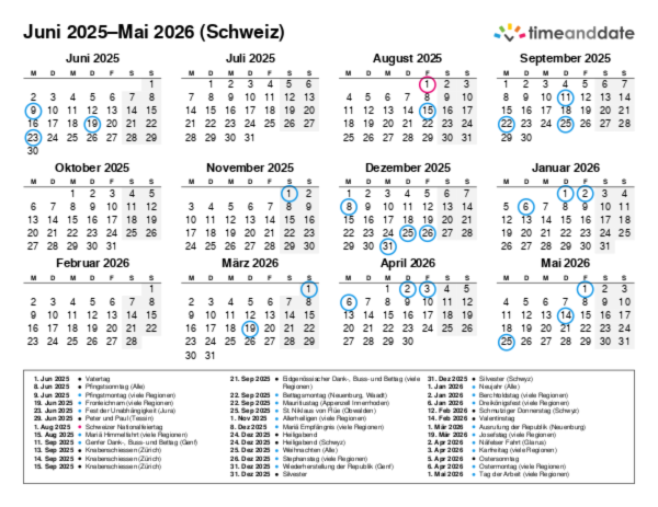 Kalender für 2025 in Schweiz