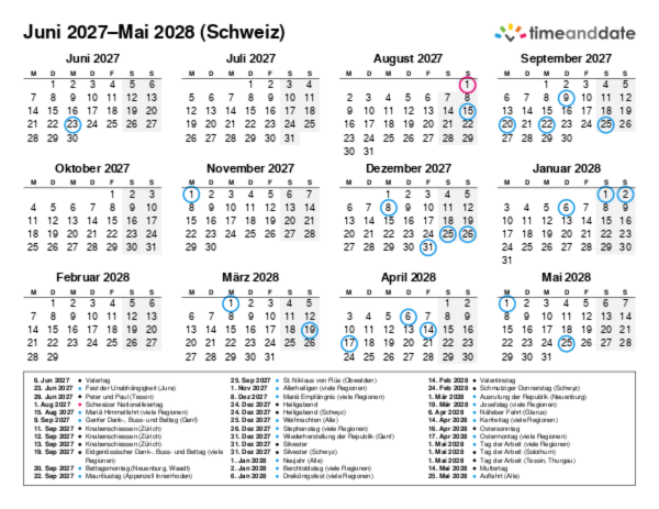 Kalender für 2027 in Schweiz