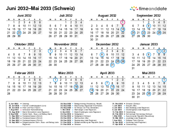 Kalender für 2032 in Schweiz